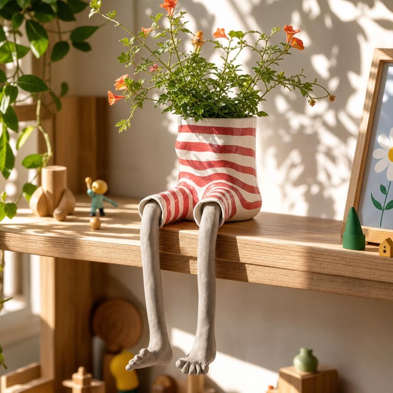 Red striped sunlover creative sitting legs planter for plants and home decor